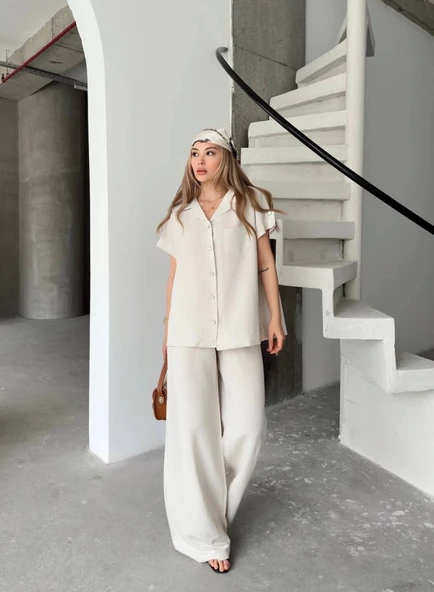 Keten Kısa Kollu Cepli Gömlek Pantolon Ikili Takım - Beyaz - 2