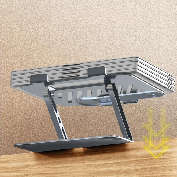 Laptop Stand Karbon Çelik 360° Döner Ergonomik Yükseklik Ayarlı Soğutucu MagSafe Telefon Tutuculu Gizlenebilir - Resim 5
