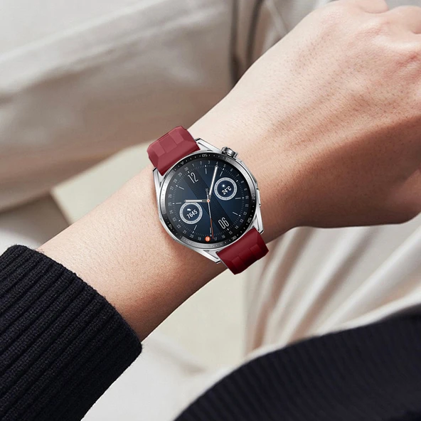 Sneezy Huawei Watch GT3 46mm GT2 46mm İle Uyumlu Spor Silikon Metal Tokalı Soft Saat Kordonu  Mürdüm - Resim 6