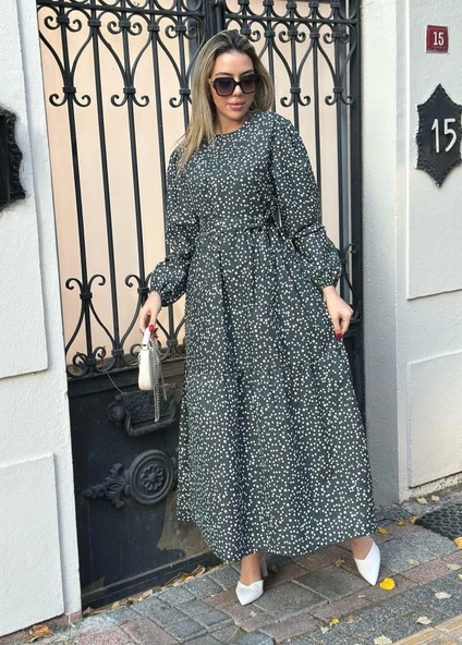 Kadın Uzun Kollu Bisiklet Yaka Papatya Desen Kuşak Dahil Maxi Boy Elbise ürün görseli 1