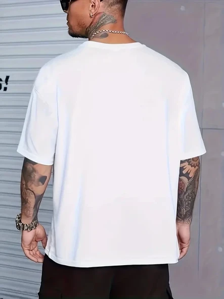 Baskılı Oversize Bisiklet Yaka T-shirt - Beyaz - Resim 2