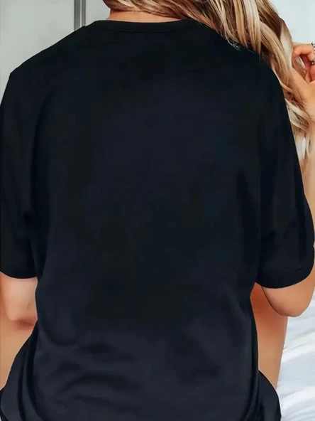 Baskılı Oversize Bisiklet Yaka T-shirt - Siyah - Resim 2