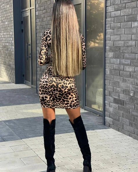 Kadın örme Viskon Kumaş Leopar Desenli çapraz Göğüs Detay Mini Boy Elbise - Resim 6