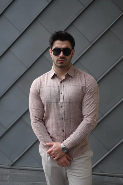 Erkek Pamuklu Keten Kumaş Gömlek - Resim 2