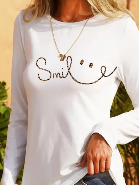 Kadın Uzun Kollu Bisiklet Yaka Gülümseyen Surat Desenli Viskon Bluz - Resim 2