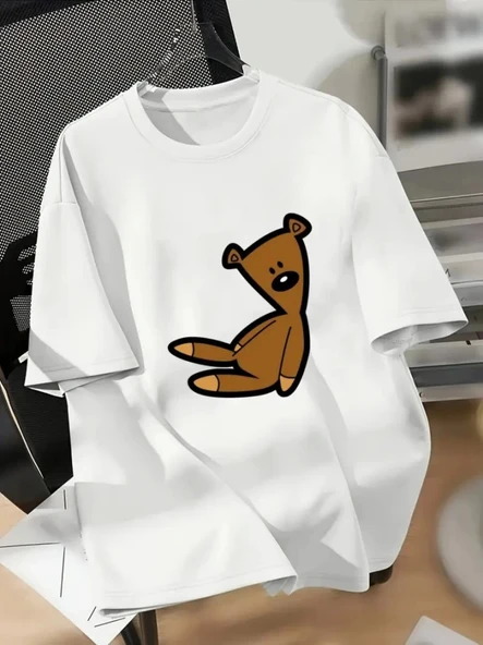 Baskılı Oversize Bisiklet Yaka T-shirt - Beyaz ürün görseli 1