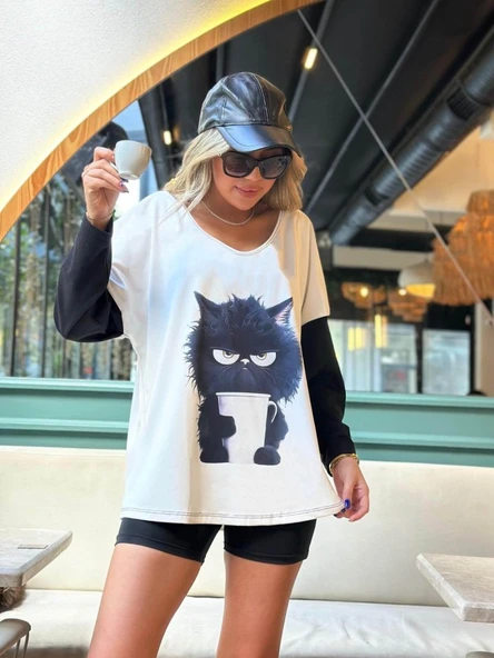 Kadın Uzun Kollu V Yakalı Kedi Baskılı şardonlu Dalgıç Bluz ürün görseli 1