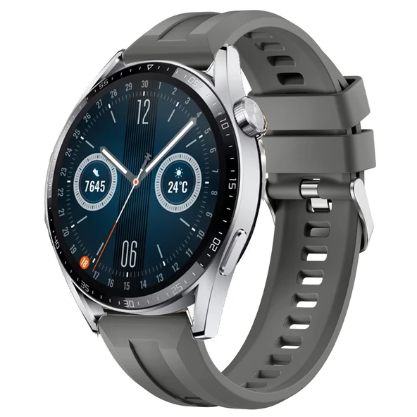 Sneezy Huawei Watch GT3 46mm GT2 46mm İle Uyumlu Spor Silikon Metal Tokalı Soft Saat Kordonu  Koyu Gri ürün görseli