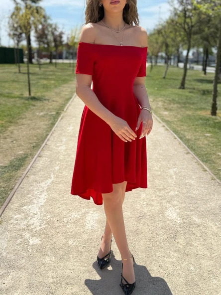 Kadın Kısa Kollu Madonna Yaka önü Kısa Arkası Uzun Ithal Krep Elbise - Resim 3