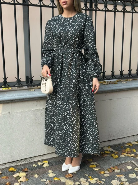 Kadın Uzun Kollu Bisiklet Yaka Papatya Desen Kuşak Dahil Maxi Boy Elbise - Resim 2