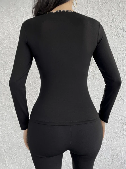 Kadın Uzun Kollu Leopar şeritli Viskon Bluz - Resim 5