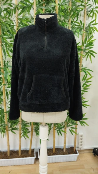 Kadın Uzun Kollu önden Fermuarlı Cepli Peluş Sweat - Resim 4