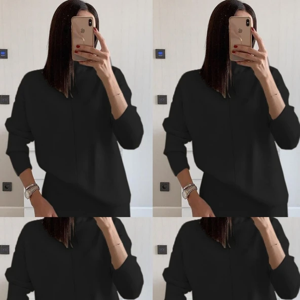 Kadın Uzun Kollu Boğazlı Kazak Ve Yanı Yırtmaçlı Etek Akrilik Ikili Takım - 3