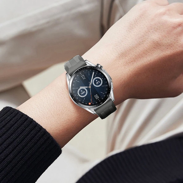 Sneezy Huawei Watch GT3 46mm GT2 46mm İle Uyumlu Spor Silikon Metal Tokalı Soft Saat Kordonu  Koyu Gri - Resim 6