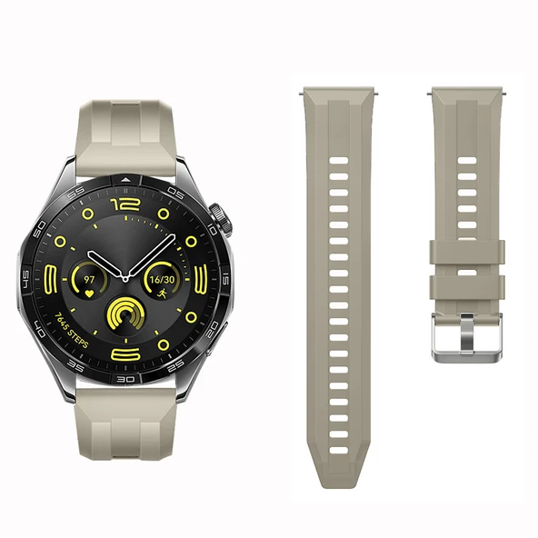 Sneezy Huawei Watch GT4 46mm İle Uyumlu Spor Silikon Metal Tokalı Soft Saat Kordonu  Krem - Resim 4