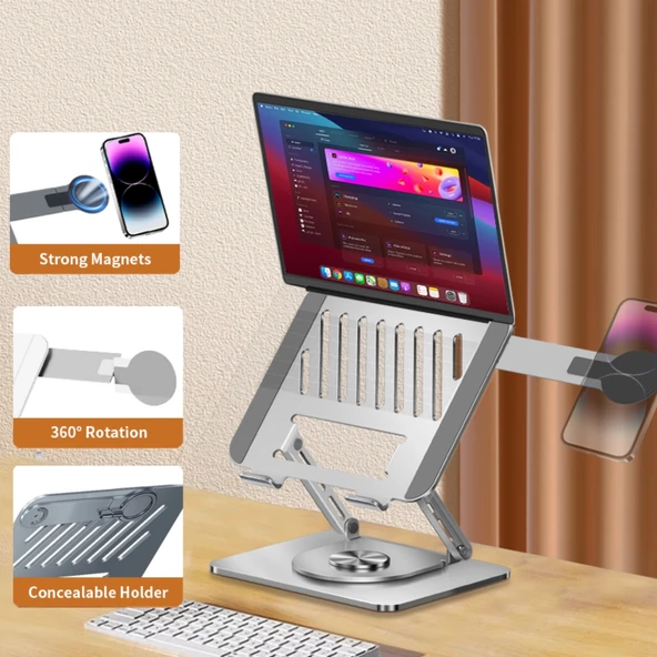 Laptop Stand Karbon Çelik 360° Döner Ergonomik Yükseklik Ayarlı Soğutucu MagSafe Telefon Tutuculu Gizlenebilir - Resim 3
