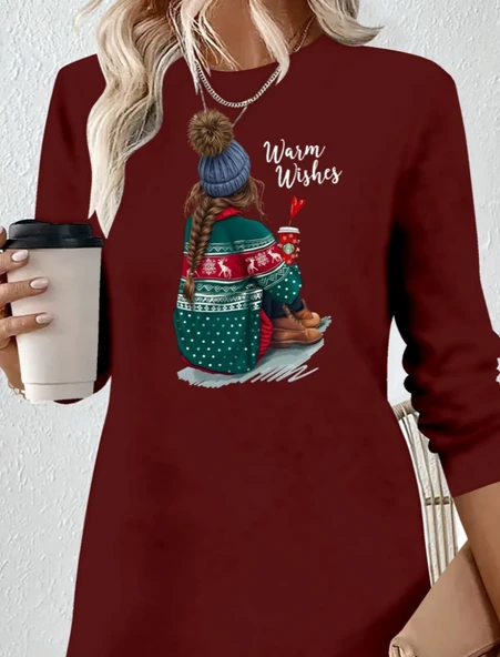 Kadın Uzun Kollu Bisiklet Yaka Desenli Viskon Iki Iplik Elbise - Resim 2