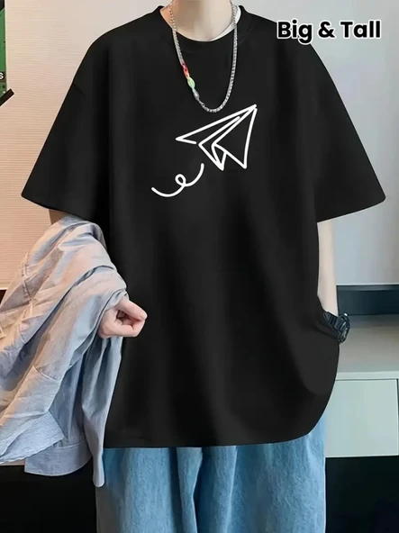 Baskılı Oversize Bisiklet Yaka T-shirt - Siyah ürün görseli 1