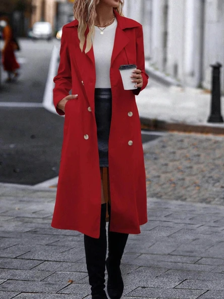 Kadın Uzun Kollu Yakalı önden Düğmeli Beli Kuşaklı Midi Gabardin Trençkot - Resim 3