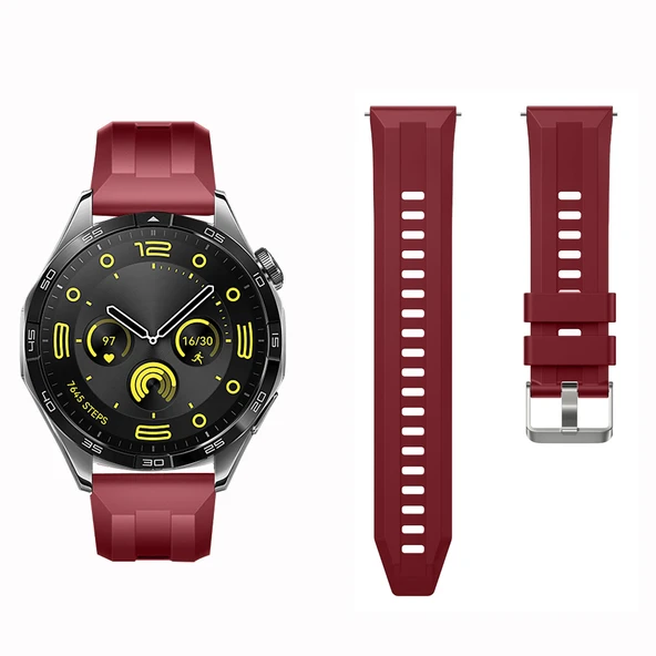 Sneezy Huawei Watch GT4 46mm İle Uyumlu Spor Silikon Metal Tokalı Soft Saat Kordonu  Mürdüm - Resim 4