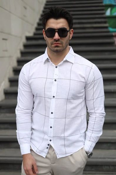 Erkek Pamuklu Keten Kumaş Gömlek - Resim 4