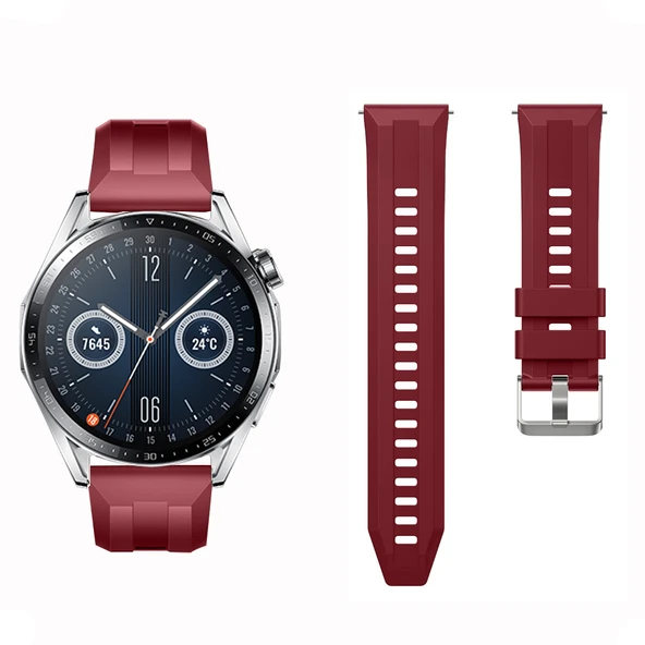 Sneezy Huawei Watch GT3 46mm GT2 46mm İle Uyumlu Spor Silikon Metal Tokalı Soft Saat Kordonu  Mürdüm - Resim 4