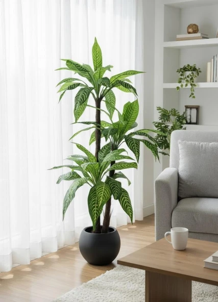 Yapay Ağaç Yukka Sarı Çizgili Draceena Ağacı Antrasit Küre Saksıda 120*50cm 54 Yapraklı - Resim 6