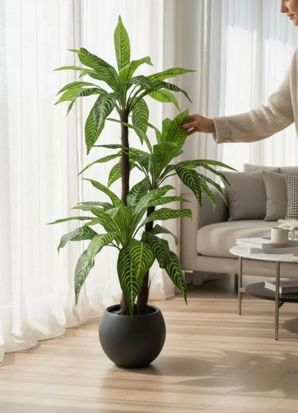 Yapay Ağaç Yukka Sarı Çizgili Draceena Ağacı Antrasit Küre Saksıda 120*50cm 54 Yapraklı ürün görseli