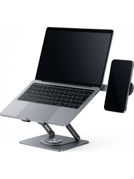 Laptop Stand Karbon Çelik 360° Döner Ergonomik Yükseklik Ayarlı Soğutucu MagSafe Telefon Tutuculu Gizlenebilir - Resim 2
