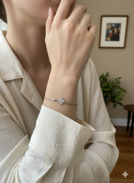 Uğur Yoncası Bileklik - Zirkon Taşlı Minimalist Dört Yapraklı Şans Bilekliği ürün görseli 1