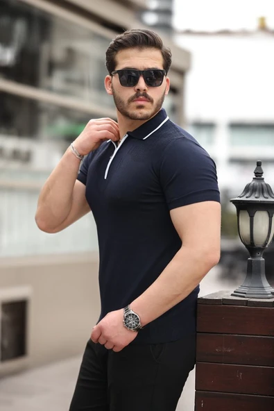 Erkek Polo Yaka Yarım Fermuar Tişört - Resim 2