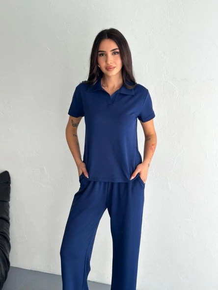 Osy Modal Yumuşak Dokulu Kumaş Kısa Kollu Yakalı T-shirt Pantalon Ikili Takım- Lacivert ürün görseli