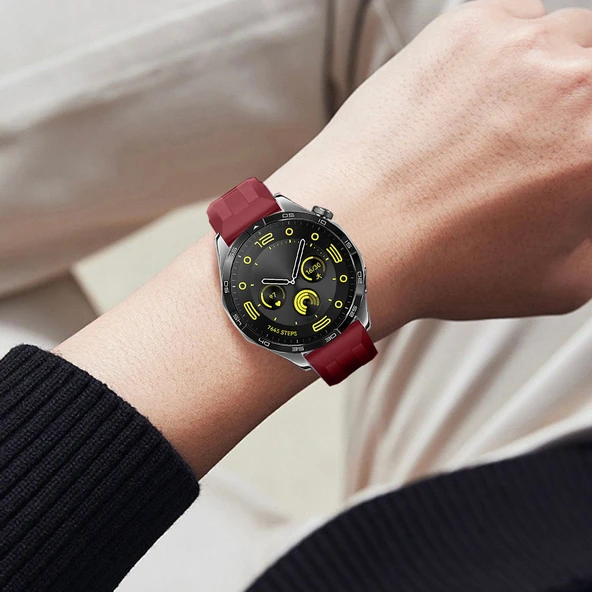 Sneezy Huawei Watch GT4 46mm İle Uyumlu Spor Silikon Metal Tokalı Soft Saat Kordonu  Mürdüm - Resim 6