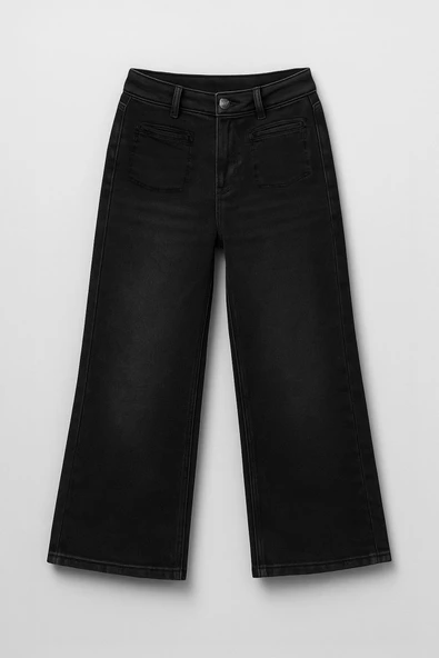 Kadın Yüksek Bel Geniş Paça Antrasit Jean Pantolon ürün görseli 1