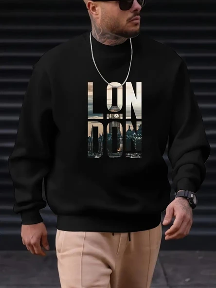 Erkek Uzun Kollu Bisiklet Yaka London Logo Baskılı Iki Iplik Sweat - Resim 3