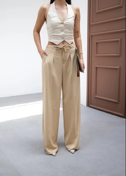 Beli̇ Lasti̇k Ve Bağcikli Geni̇ş Paça Pantolon - Resim 4