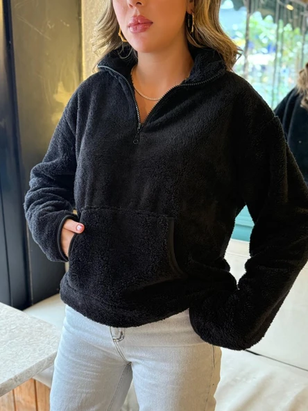 Kadın Uzun Kollu önden Fermuarlı Cepli Peluş Sweat ürün görseli 1