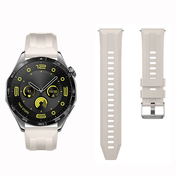 Sneezy Huawei Watch GT4 46mm İle Uyumlu Spor Silikon Metal Tokalı Soft Saat Kordonu  Starlight - Resim 4