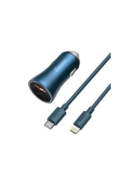 Baseus Golden Connector Pro U+C 40W Hızlı Type-C to Lightning Kablo Setli Araç Şarj Cihazı Mavi ürün görseli 1