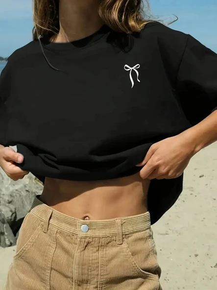 Fiyonk Baskılı Siyah Oversize Unisex T-shirt- Siyah ürün görseli 1