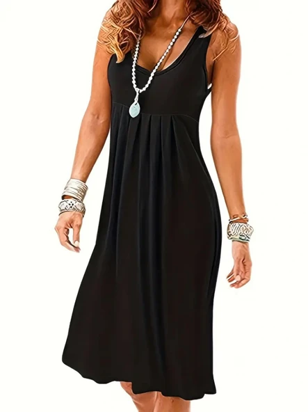 Kadın Sıfır Kol Göğüs Altı Pileli Viskon Elbise - Resim 2