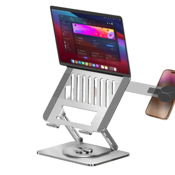 Laptop Stand Karbon Çelik 360° Döner Ergonomik Yükseklik Ayarlı Soğutucu MagSafe Telefon Tutuculu Gizlenebilir ürün görseli 1