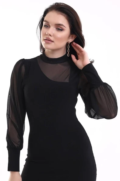 Kadın Balıkçı Yaka Transparan Detay Fırsat ürün Sandy Kumaş Mini Elbise - Resim 2