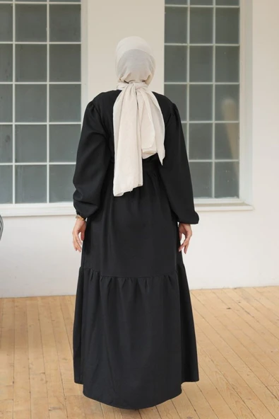 Kadın Uzun Kol Bisiklet Yaka Belden Bağlamalı Elbise - Resim 3