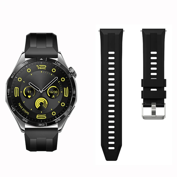 Sneezy Huawei Watch GT4 46mm İle Uyumlu Spor Silikon Metal Tokalı Soft Saat Kordonu  Siyah - Resim 4