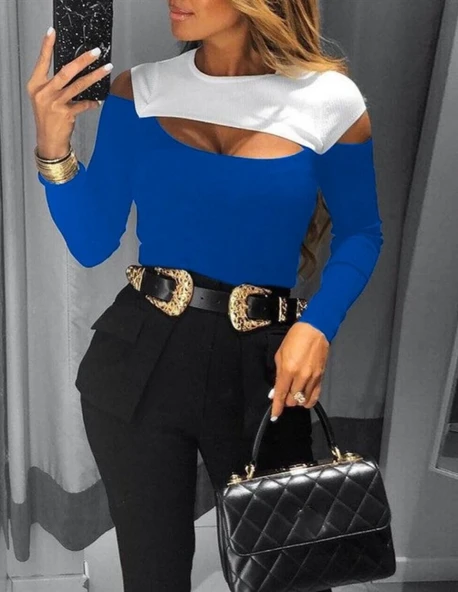 Kadın Uzun Kollu Bisiklet Yaka Göğüs Dekolteli Kaşkorse Bluz - Resim 2