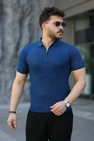 Erkek Viskon Kumaş Polo Yaka Desenli Tişört - Resim 2