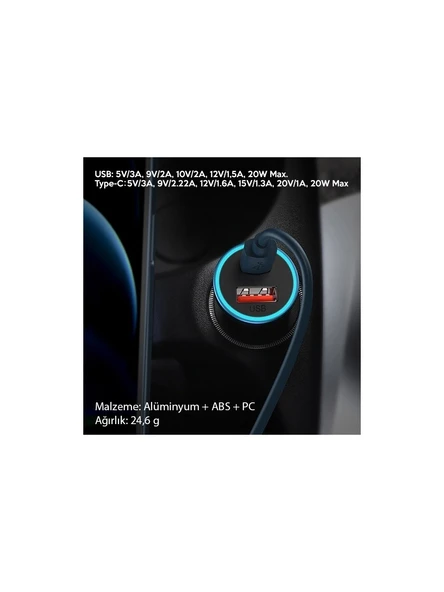 Baseus Golden Connector Pro U+C 40W Hızlı Type-C to Lightning Kablo Setli Araç Şarj Cihazı Mavi - Resim 2