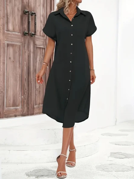 Kadın Kısa Kollu Yakalı Düğme Detay Midi Dokuma Elbise - Resim 5