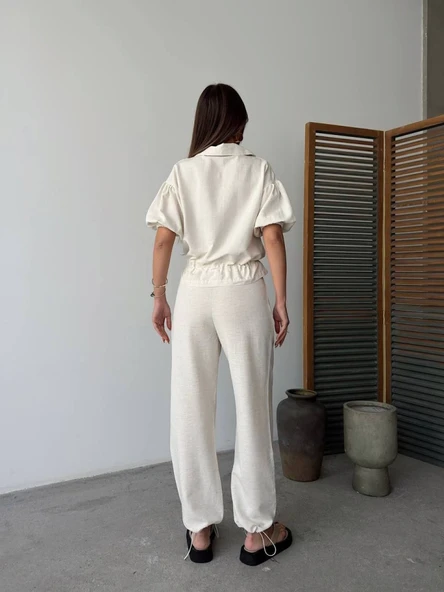 Keten Tam Fermuarlı Kısa Kollu Gömlek Pantolon Ikili Takım - Beyaz - 2